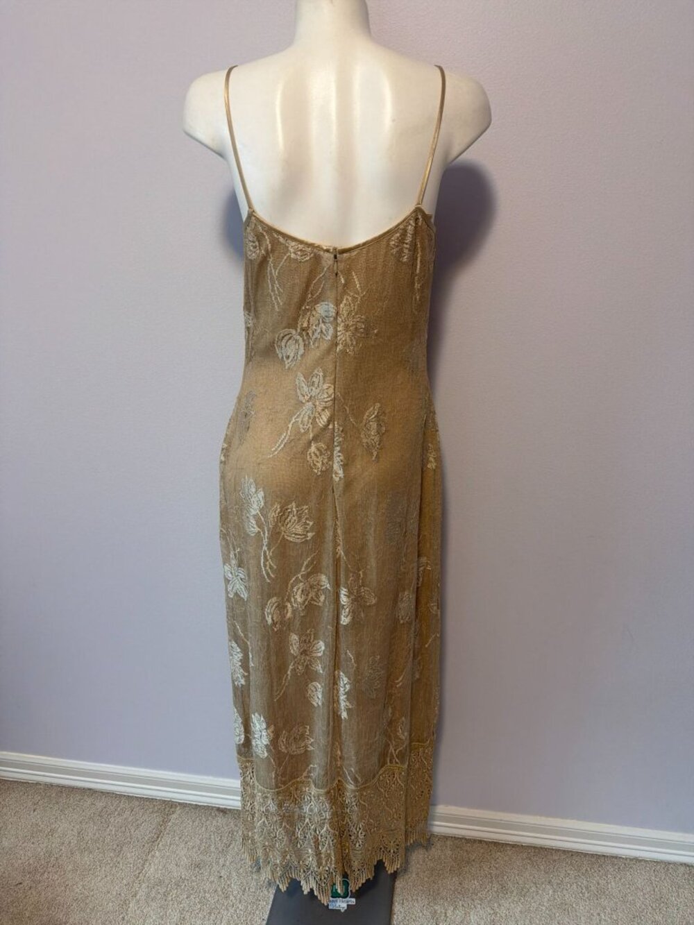 Vintage Y2K Mesh Maxi Skirt Floral Gold Beige Sheer Overlay Lined Dress Medium M - Picture 2 of 7